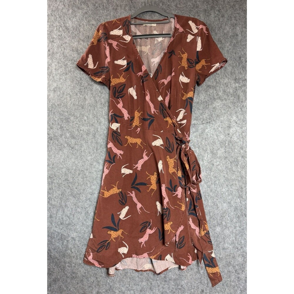 Marine Layer Dress Womens Small Brown Cheetah Print Wrap V Neck Short Sleeve